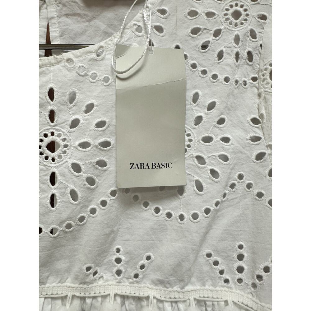 ZARA White Eyelet Babydoll Concert Festival Boho Ruffle Pom Mini Dress SZ L NWT - Picture 4 of 10